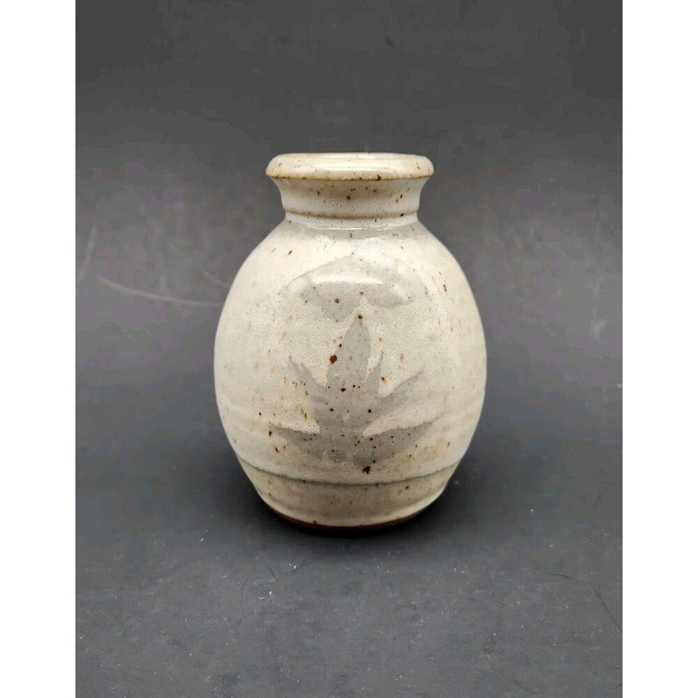 Vntg Studio Pottery Small Belly Vase  Brushwork of Lotus Oat color Artist Signed